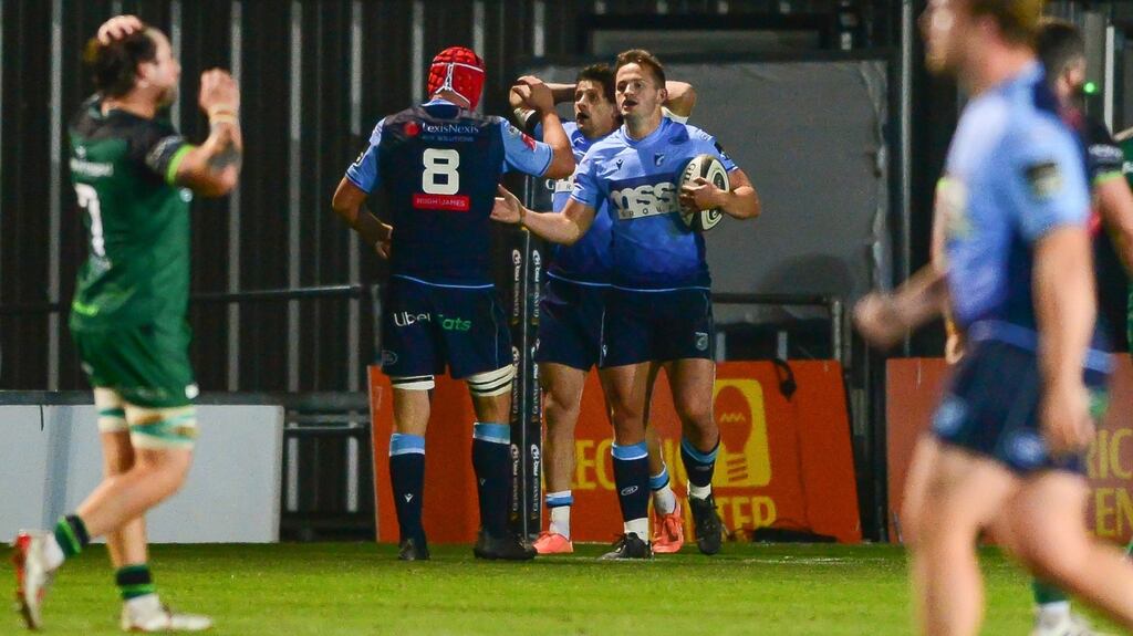 Cardiff’s Hallam Amos celebrates after scoring a try against Connacht. Photograph: Inpho