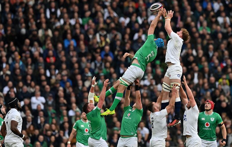 Ireland lock Tadhg Beirne and England flanker Ollie Chessum vie for the ball in a lineout during the Six Nations match at Twickenham. Photograph: Glyn Kirk/Getty Images
