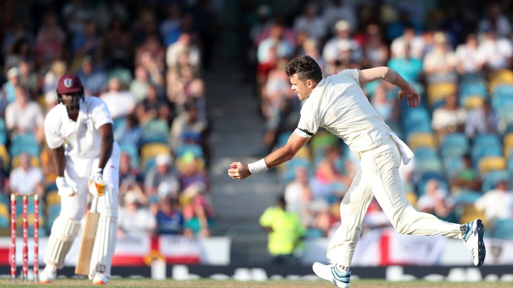 James Anderson gets West Indies captain Jason Holder out caught and bowled on day one in Barbados. Photograph: Ricardo Mazalan/AP