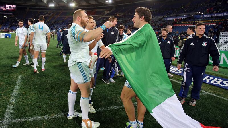 Italy’s Leonardo Ghiraldini celebrates the win over France in 2013 with Giovambattista Venditti. Photograph: Dan Sheridan/Inpho