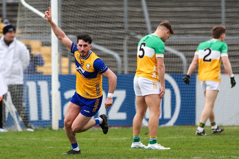 Aaron Griffin celebrates scoring a goal for Clare in their final round win over Offaly. Photograph: Natasha Barton/ Inpho