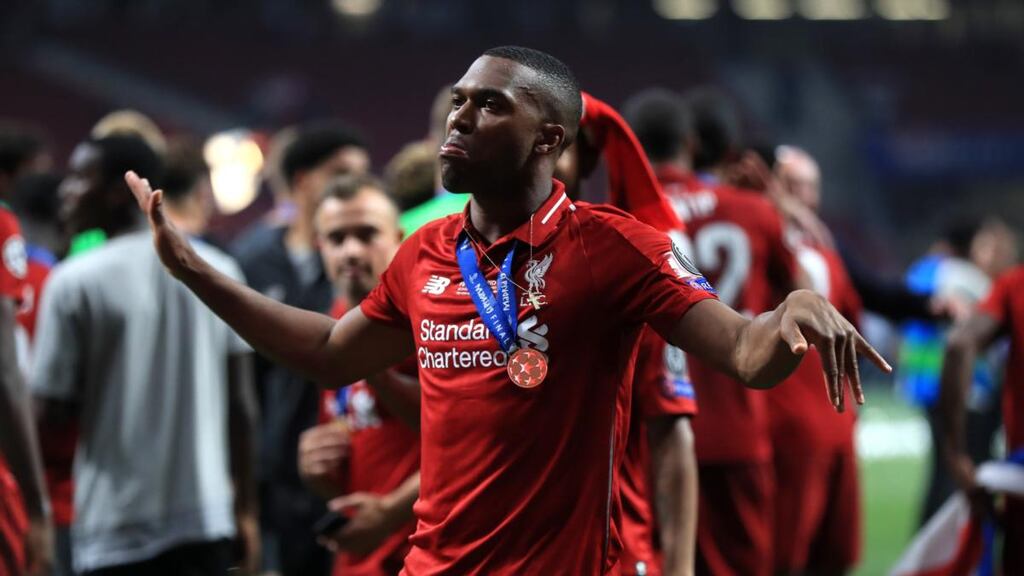 Liverpool’s Daniel Sturridge celebrates victory after winning the Champions League Final at the Wanda Metropolitano, in Madrid. Photograph: PA
