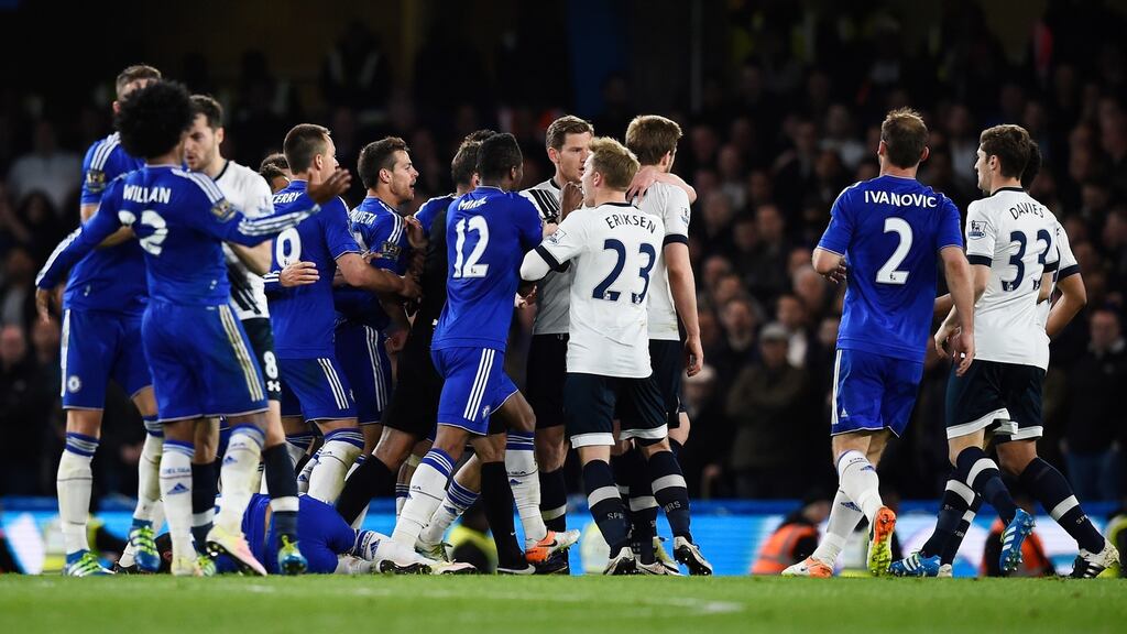 Tottenham and Chelsea players clash during their Premier League tie at Stamford Bridge. Photo: Dylan Martinez/Reuters