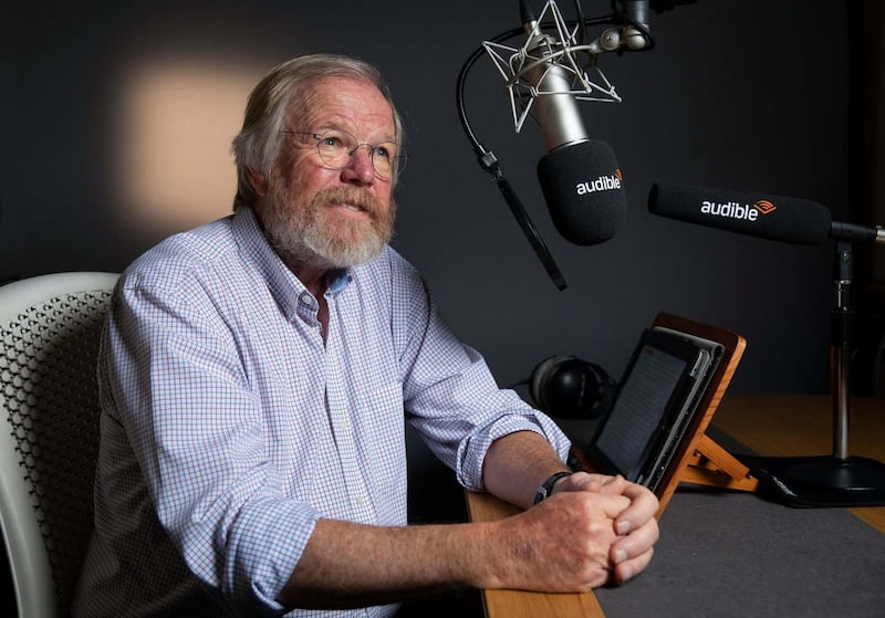 Bill Bryson at the Audible studio: ‘I can’t help feel I should be able to pronounce the words in my own book.’ Photograph: Fabio De Paola/Guardian