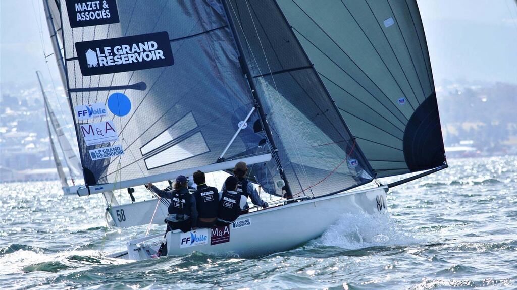 French skipper Achille Nebout and his crew have been crowned SB20 World Champions in Hobart, Tasmania. Photograph: Jane Austin