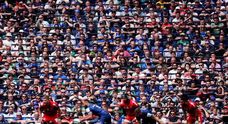 Fans watch the Champions Cup final between Leinster and Toulouse at
Tottenham Hotspur Stadium in London. Photograph: James Crombie/Inpho