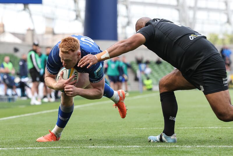 Leinster's Ciarán Frawley scores a try. Photograph: Billy Stickland/Inpho