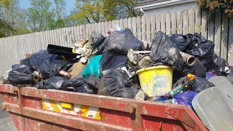 The skip full of roadside litter collected by members of St Coca’s AC in Kilcock, Co Kildare, during the first lockdown last year.