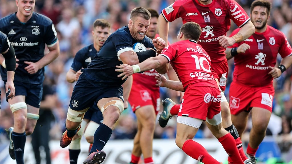 Leinster’s Sean O’Brien is tackled by Antoine Dupont. Flanker was back to his inspirational best against Toulouse at the Aviva Stadium. Photograph: Billy Stickland/Inpho