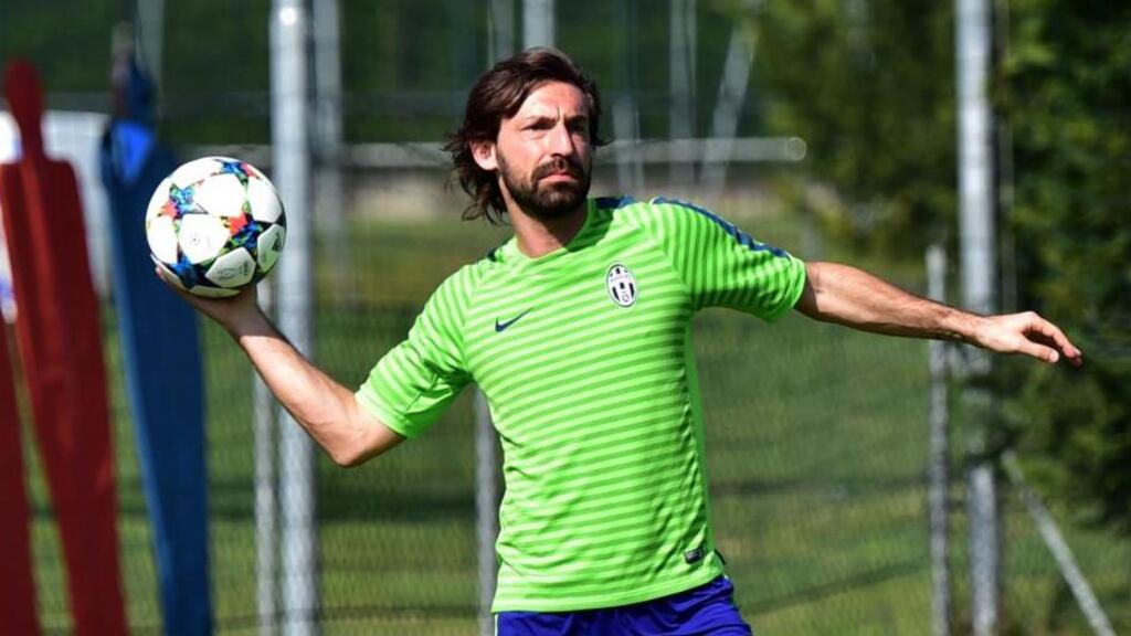Juventus’ midfielder Andrea Pirlo attends a training session on the eve of the Champions League football match against Monaco. Photo: Getty Images