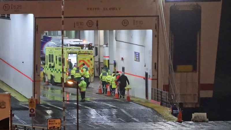 The scene at Rosslare Europort in Co Wexford, after 16 people were found alive in the back of a truck on ferry sailing from France. Photograph: Niall Carson/PA