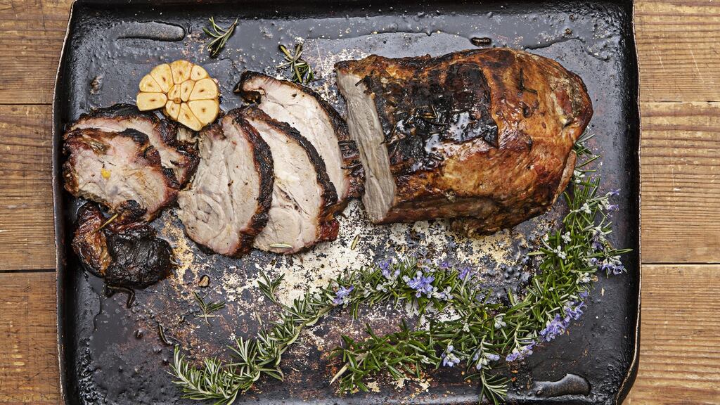 Barbecue pork neck with sweet sherry, garlic and rosemary. Photograph: Harry Weir
