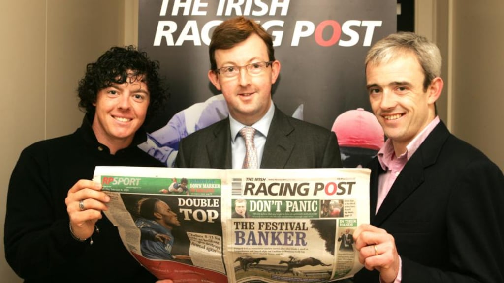 Alan Byrne, editor and chief executive of The Racing Post, at the launch of the Irish Racing Post with Rory McIlroy and Ruby Walsh in 2010. Photograph: Cyril Byrne