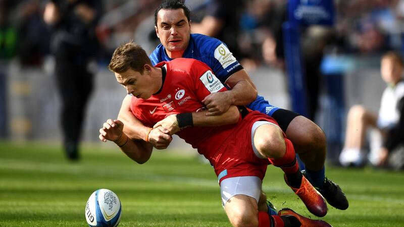 Liam Williams is tackled by James Lowe during his side’s Champions Cup final defeat. Photograph: Stu Forster/Getty