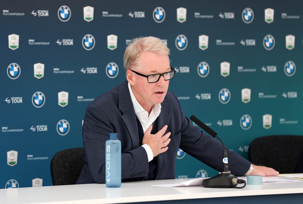 Keith Pelley, chief executive of The European Tour Group and DP World Tour speaks to the media during a press conference prior to the BMW PGA Championship at Wentworth Golf Club. Photograph: Luke Walker/Getty Images