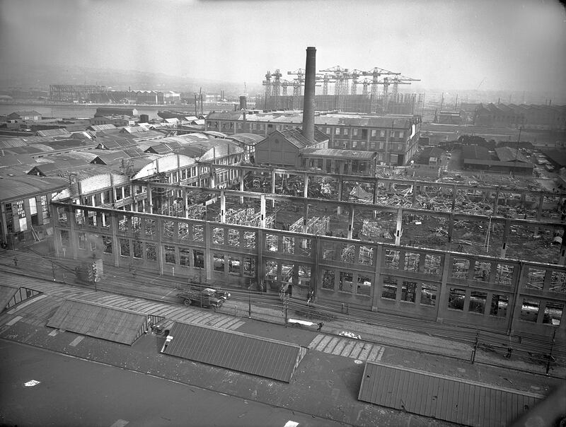 Damage caused by the German air raids to Victoria Works at the Harland and Wolff shipyard. Photograph: Courtesy of/ copyright National Museums NI, Ulster Museum Collection