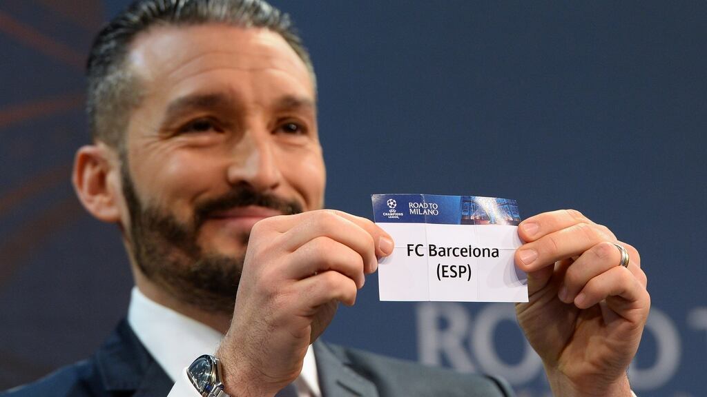 Italian former football player Gianluca Zambrotta draw Barcelona during the draw for the Champions League quarter-finals. Photo: Getty Images
