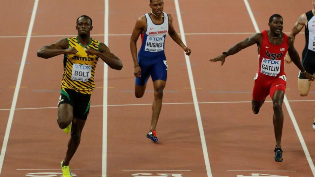Usain Bolt Jamaica celebrates winning the race ahead of Justin Gatlin in the men’s 200 metres final during the 15th IAAF World Championships at the National Stadium in Beijing. Photograph: Fabrizio Bensch/Reuters