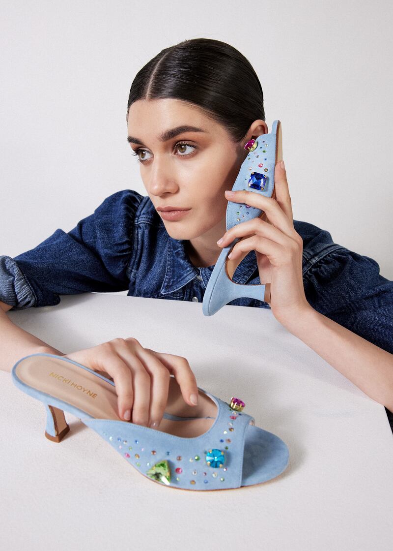 Denim shirt €340 from Isabel Marant at Costume with blue suede embellished kitten heels at €280 from Nicki Hoyne