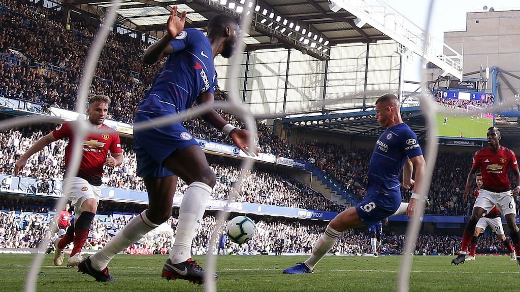 Chelsea’s Ross Barkley scores his side’s second goal against Manchester United to tie the game 2-2 in extra time. Photograph: Adam Davy/PA Wire