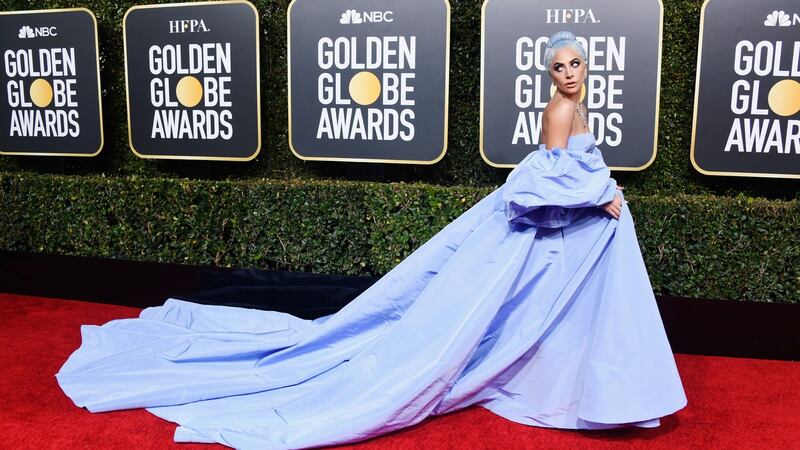 Lady Gaga in her blue Valentino gown. Photograph: Frazer Harrison/Getty Images