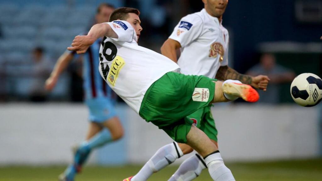 Cork City’s Gary Buckley fires home the winner against Drogheda at United Park. Photo: Ryan Byrne/Inpho