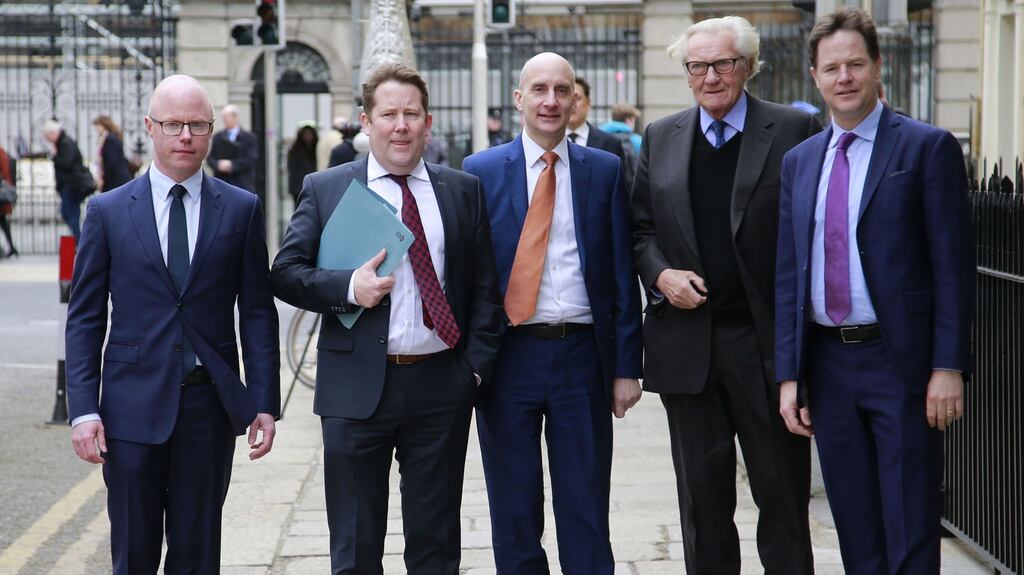 Lord Andrew Adonis (centre) pictured with Stephen Donnelly and Darragh O’Brien of Fianna Fáil, former Conservative deputy prime minister Lord Heseltine and Liberal Democrat former deputy prime minister Sir Nick Clegg in Dublin last March. Photograph Nick Bradshaw