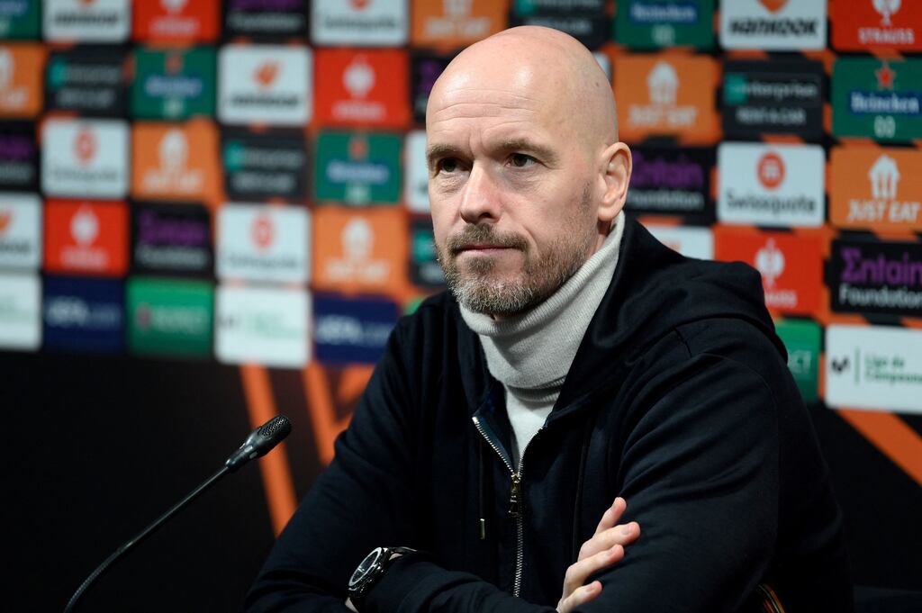 Manchester United manager Erik ten Hag talks to the media ahead of the Europa League playoffs first leg game against Barcelona at the Camp Nou stadium. Photograph: Josep Lago/AFP via Getty Images