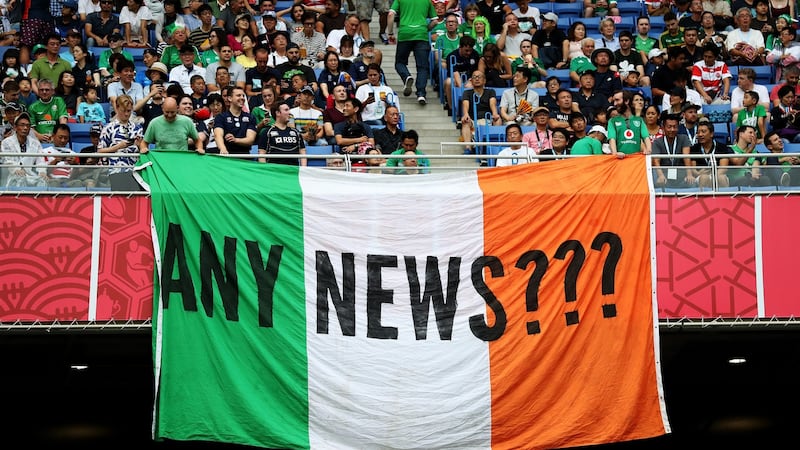 Irish fans at the game between Ireland and Scotland at International Stadium Yokohama on September 22nd, 2019. Photograph: Stu Forster/Getty Images