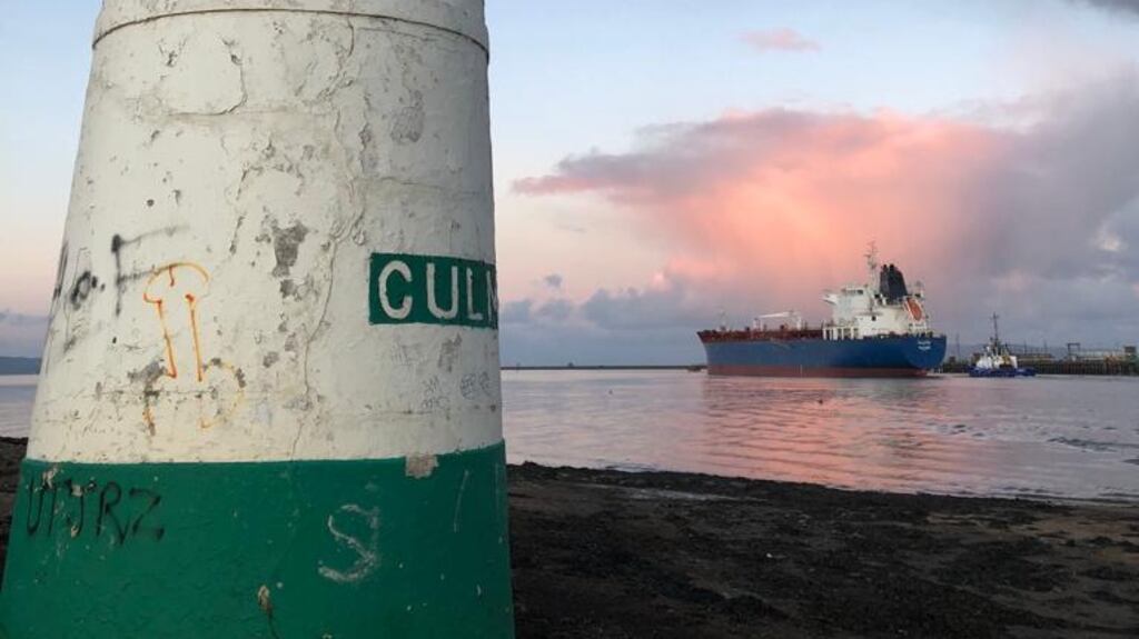 The 184-metre ship Pluto departing Lough Foyle. Photograph: Brian Hutton