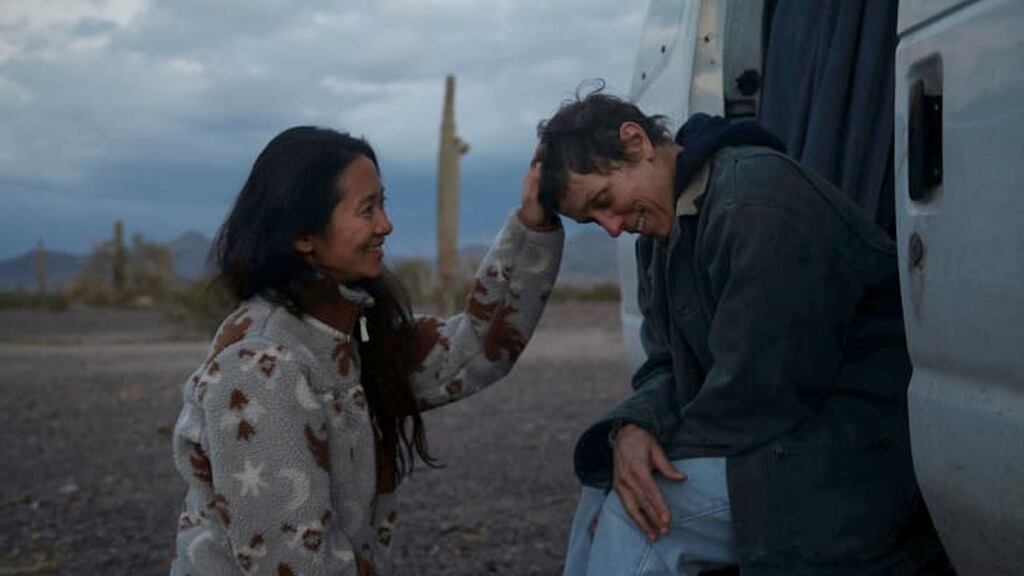 Nomadland writer-director Chloé Zhao on set with actor and producer Frances McDormand: “None of my family members are billionaires.” Photograph: Joshua James Richards/Searchlight Pictures