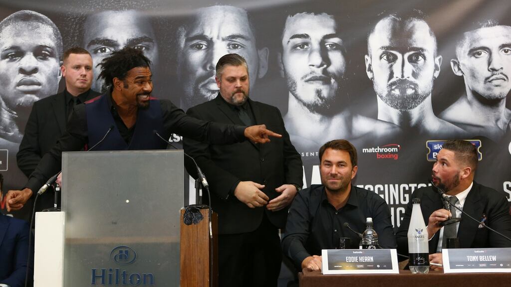 Eddie Hearn has insisted the fight between David Haye and Tony Bellew is to go ahead despite reports suggesting Haye could withdraw due to an achilles injury. Photograph: Dave Thompson/Getty