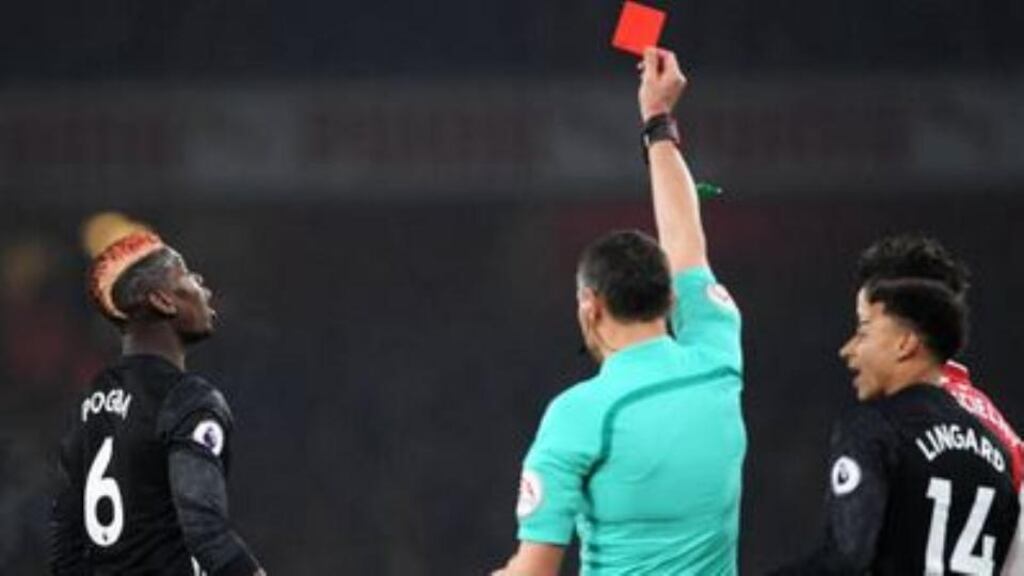 Manchester United’s Paul Pogba getting sent off against Arsenal at the Emirates Stadium on Saturday. Photograph: Getty Images