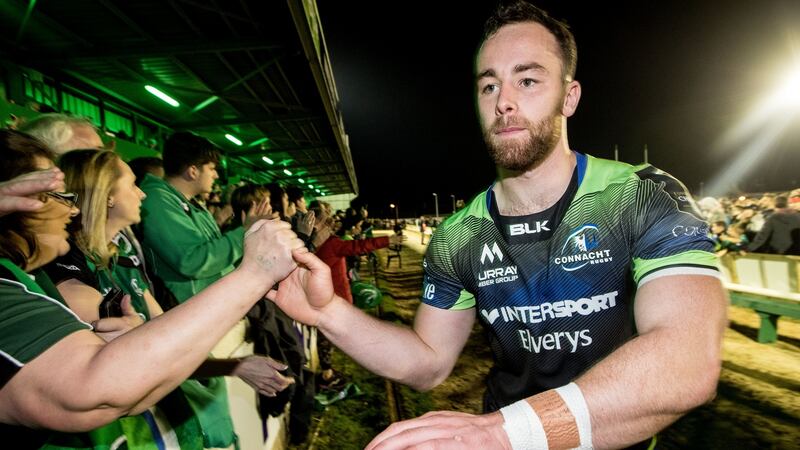 Shane O’Leary in his Connacht days celebrating a famous European Rugby Champions Cup victory over Toulouse at the Sportsground in 2016. Photograph: James Crombie/Inpho