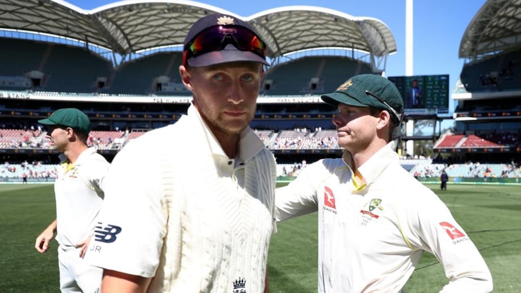 Joe Root and Steve Smith after Australia’s second Test win in Adelaide. Photograph: Ryan Pierse/Getty