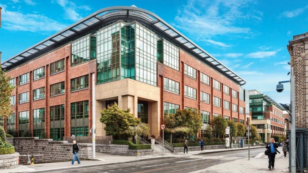 George’s Dock 2 in Dublin’s IFSC: the building comes with 40 car parking spaces as well as a third-generation fit-out including raised access floors, suspended ceiling and recessed lighting