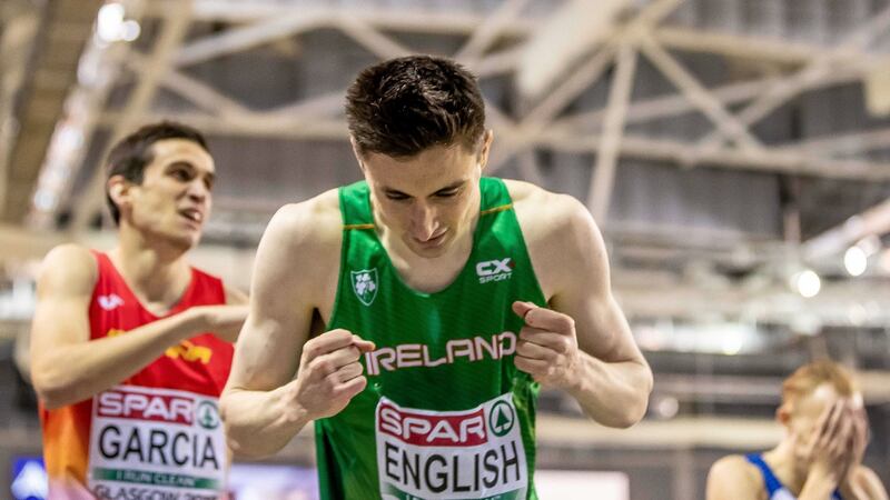 Ireland’s Mark English celebrates after winning a bronze medal in the men’s 800m final. Photograph: Morgan Treacy/Inpho