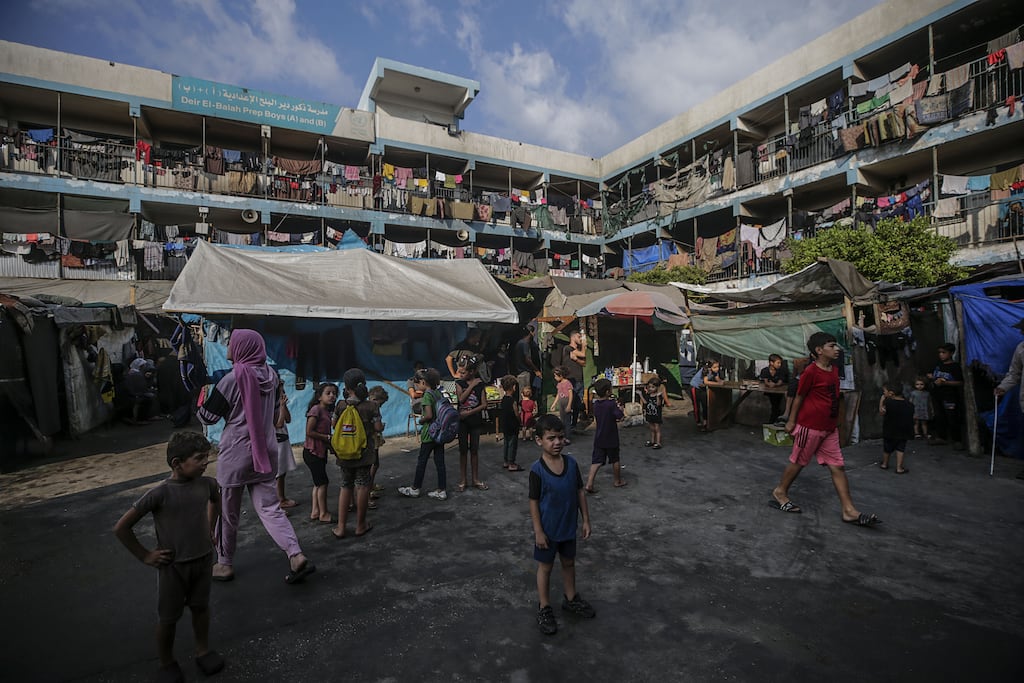 Internally displaced Palestinian children before receiving polio vaccinations at a United Nations school in Deir Al Balah, southern Gaza Strip, on Sunday. Photograph: Mohamed Saber/EPA