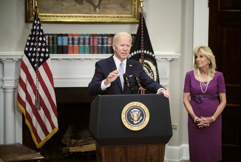 President Joe Biden speaks before signing into law the Bipartisan Safer Communities Act in Washington, June 25, 2022. The bipartisan gun bill intended to prevent dangerous people from accessing firearms and invest in mental health across the country, breaking through years of stalemate over whether to toughen the nation’s gun laws. (T.J. Kirkpatrick/ The New York Times)