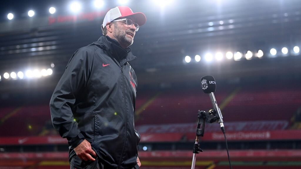 Liverpool manager Jurgen Klopp talks to the media after his team’s win over Arsenal. Photograph: EPA