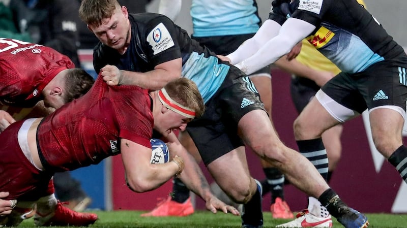 Munster’s Gavin Coombes gets over for a try during the Heineken Champions Cup match against Harlequins at Thomond Park. Photograph: Dan Sheridan/Inpho