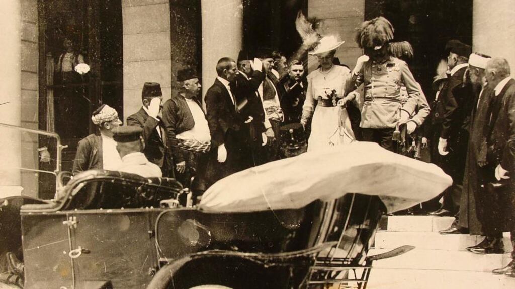 Archduke Franz Ferdinand and his wife Sophie leave Sarajevo City Hall on June 28th, 1914, the day of their assassination. Four days later the Turin correspondent of Italian daily La Stampa referred to fears in Serbia that Germany could attack their country in response to the murders. Photograph: JU Sarajevo Museum)/handout via Reuters
