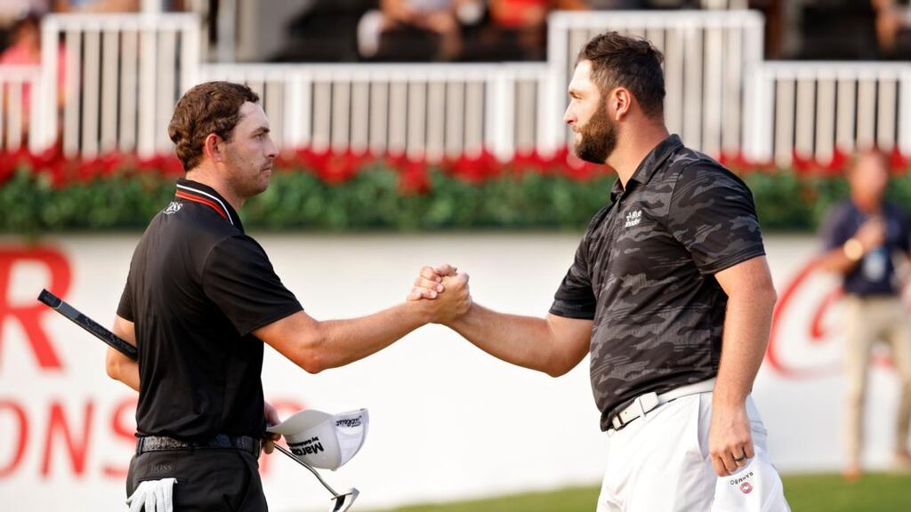 Patrick Cantlay leads Jon Rahm by two strokes in Atlanta. Photograph: Cliff Hawkins/Getty