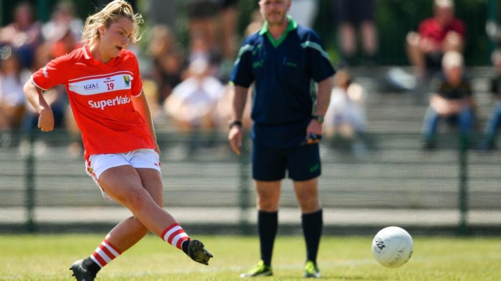 Cork’s Saoirse Noonan scores her side’s third goal from a penalty during the TG4 Munster Ladies Senior Football Final against Kerry at CIT in Bishopstown. Photograph: Eóin Noonan/Sportsfile
