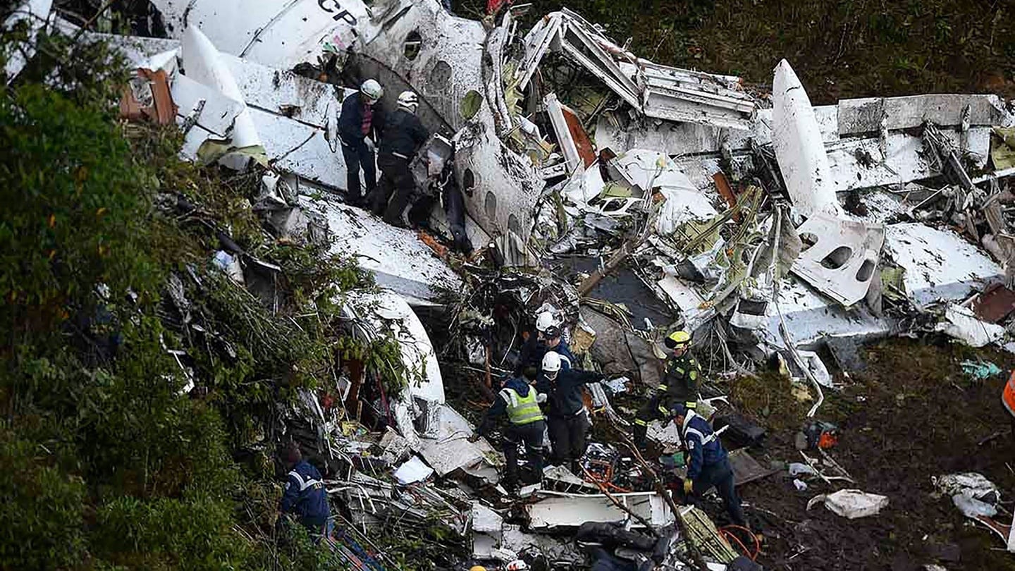 Wreckage from the plane that crashed into Colombian jungle with Brazilian soccer team Chapecoense. Photograph: Raul Arboleda/AFP/Getty Images