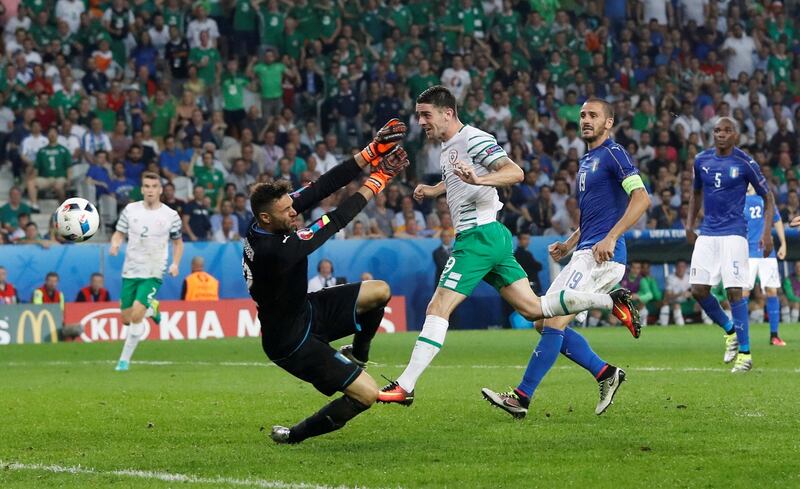 Robbie Brady heads home Ireland's winning goal against Italy in the Euro 2016 group game in Lille, France. Photograph: Carl Recine/Livepic/Reuters