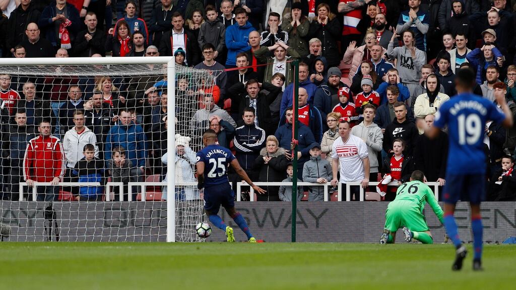 Antonio Valencia takes advantage of a Victor Valdes slip to score Manchester United’s third against Middlesbrough. Photograph: Lee Smith/Reuters