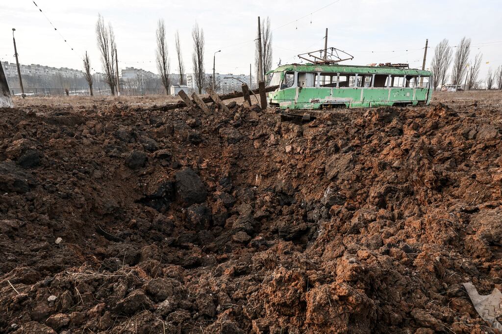A creater created by a missile strike on the grounds of a transport depot in Kharkiv on Wednesday. Photograph: Sergey Kozlov/EPA