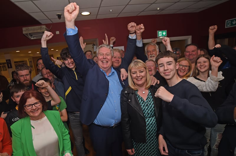 Independent Ireland candidate Ciaran Mullooly, centre, celebrates after being elected as an MEP. Photograph: Conor McKeown/PA Wire