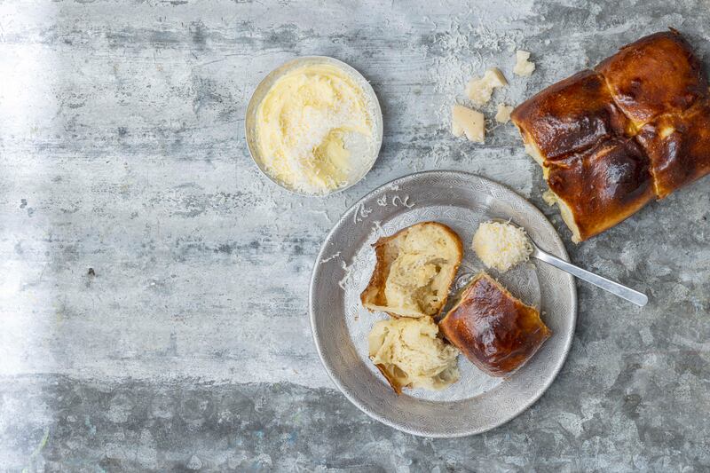 Glazed brioche with parmesan stuffing. Photograph: Harry Weir